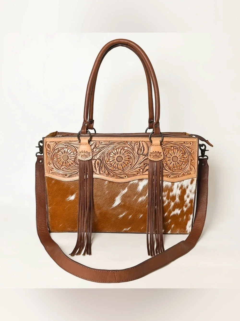 Western Tote Women's Brown Tooled Leather & Cowhide Fringe Tote